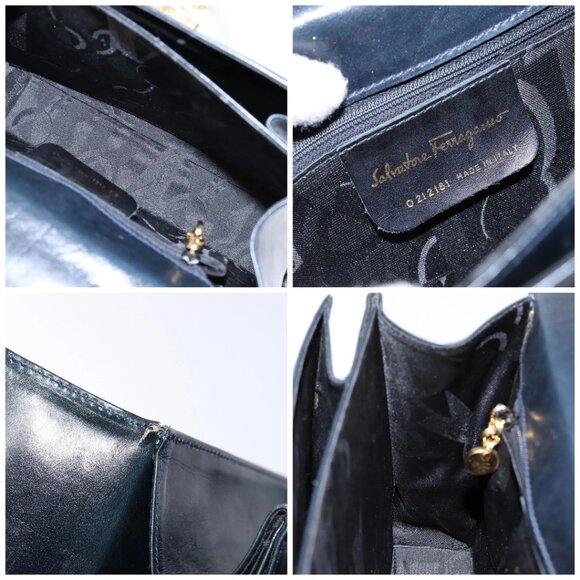 Salvatore Ferragamo Gancini Hand Bag Leather 2way Navy Gold Auth - Picture 15 of 16